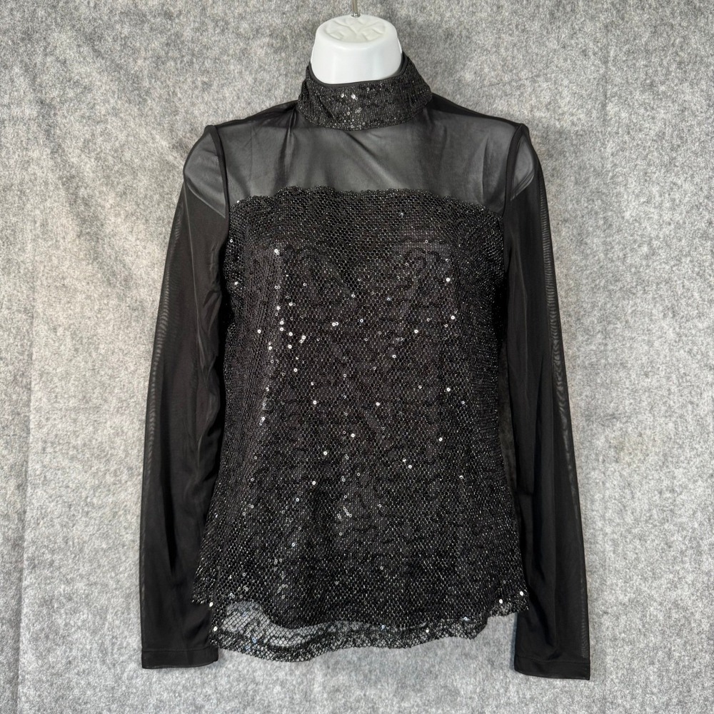 Catherine Malandrino Illusion Sequin Sheer Turtleneck Top Womens Small Classy